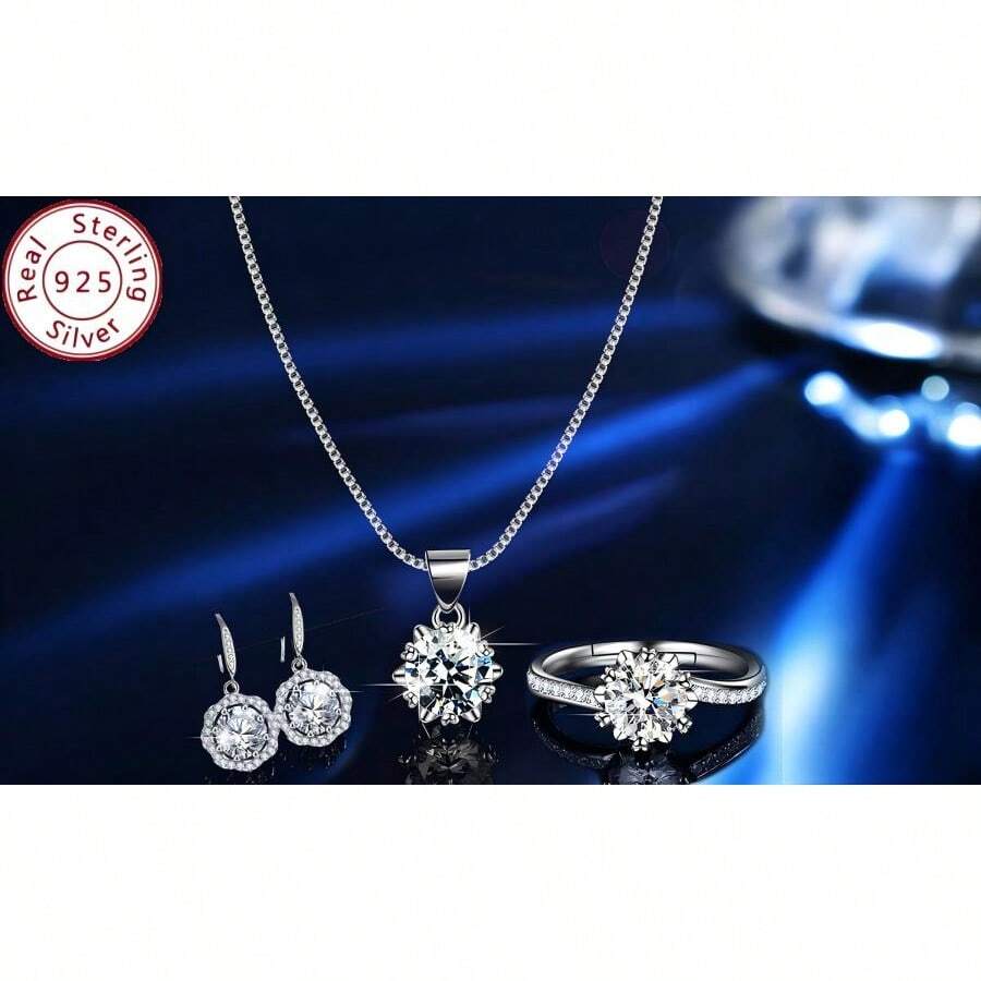 925纯银1克拉莫桑石三件套首饰 - 戒指、项链吊坠、耳环，附带GRA证书 - 銀色 - 查看 1