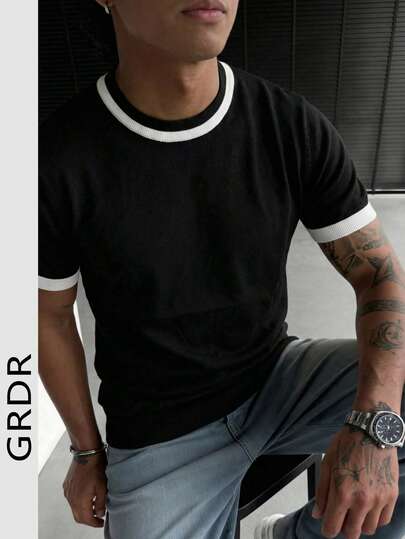  GRDR Men's Colorblock Crew Neck Knit Short Sleeve Sweater, Summer