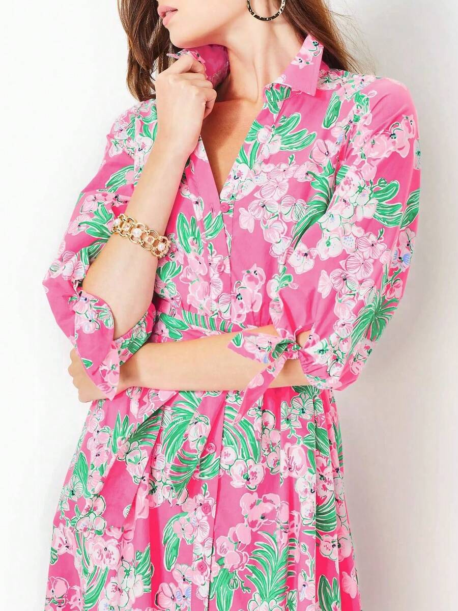 1pcs Women's Pink Floral Print Three-Quarter Sleeve Long Shirt Dress With Button Placket Closure, Lapel, Sleeve Tabs And Belt, Suitable For Any Occasion, Machine Washable, Women's Spring Summer Clothing - 粉色 - 查看 1