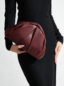 女士复古简约纯色PU大容量褶皱云朵手拿包，适合职场新人及上班族，完美适用于办公室、大学、工作、商务、通勤、户外、旅行、野餐、派对、婚礼、晚宴、晚餐等各种场合。 - 酒紅色 - 查看 1