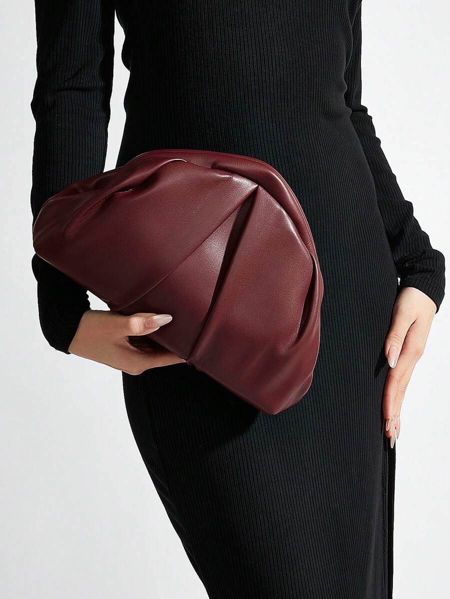 女士复古简约纯色PU大容量褶皱云朵手拿包，适合职场新人及上班族，完美适用于办公室、大学、工作、商务、通勤、户外、旅行、野餐、派对、婚礼、晚宴、晚餐等各种场合。 - 酒紅色 - 查看 1