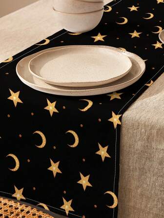 1pc Moon Pattern Table Runner, 4pcs Moon Pattern Placemats, Suitable For Holidays, Parties, Birthdays, Dinners, Kitchen & Dining Room Table Decor, Applicable For All Seasons, Home Textile Decoration