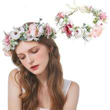 YAZILIND Handmade Flower Crown Headband – Artificial Peony & Rose Floral Wreath With Ribbon – Bridal, Festival, Or Boho Party Hair Accessory (Pink, White & Green),10-Colour - 10色 - 查看 7