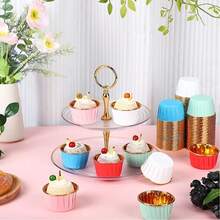 50个金色箔纸杯蛋糕衬垫，3.5盎司一次性纸杯蛋糕烘焙杯，彩色箔纸松饼衬垫，金属烘焙包装纸，适用于婚礼、圣诞节、节日派对、生日、情人节等场合。 - 彩色 - 查看 3