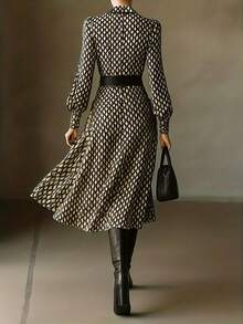 2026 Spring Women's Plaid Dress(No Belt) - V-Neck Lantern Sleeves High-Waist Irregular, French Retro Lady Style Party Gathering A-Line Dress ,Vestidos Elegantes Para Fiesta/Cruise Outfits/Brown Dresses For Women/Rave Outfits For Women/Office Outfits For Women - 黑色 - 查看 2