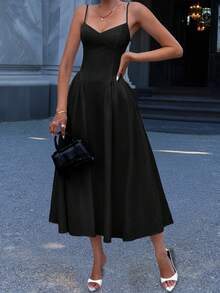 Unadoll 女士休闲性感低胸露背系带连衣裙，优雅设计，适合海滩度假、约会、日常穿着、生日、派对、情人节等场合，黑色夏季款 - 黑色 - 查看 9