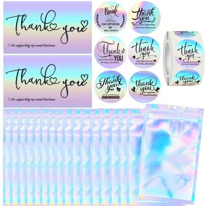 Bộ 600 thiệp và sticker cảm ơn, bày tỏ lòng biết ơn vì đã ủng hộ doanh nghiệp nhỏ của tôi, bao gồm túi đựng có thể đóng mở lại, phù hợp cho các doanh nhân (hiệu ứng ba chiều)