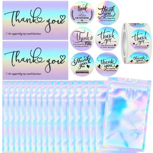 600 piezas Conjunto de tarjetas de agradecimiento y pegatinas, Aprecio por apoyar mi pequeña empresa, Incluye bolsas de embalaje resellables, Adecuado para emprendedores (Holográfico)