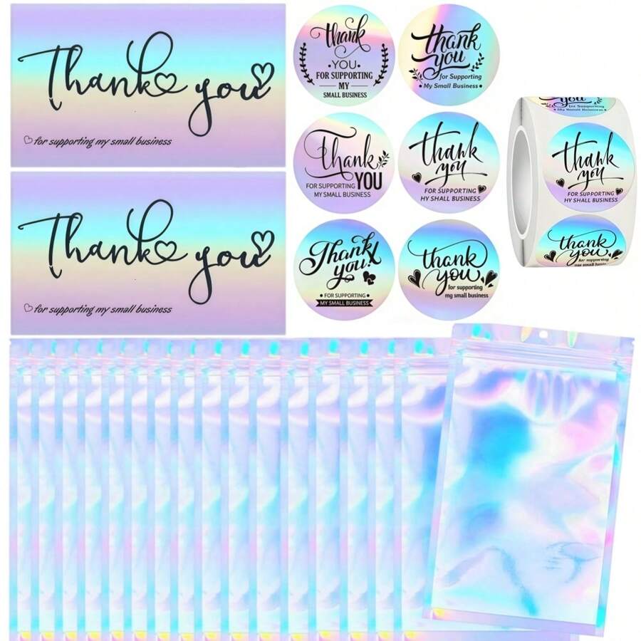 600pcs Thank You Cards & Stickers Set, Appreciation For Supporting My Small Business, Includes Resealable Packaging Bags, Suitable For Entrepreneurs (Holographic) - Holographic - View 1