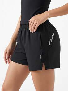 Women's Reflective Print Split Hem Quick Dry Running Shorts, Black Athletic Shorts For Gym And Night Jogging Summer Sports - Black - View 3