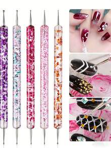 5PCS Professional Double-Ended Nail Tools - Diamond-Accented Carving & Dotting Pens, Wave Dotting & Sequins Application Brushes For Nail Decor - 彩色 - 查看 3
