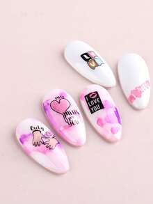 2片可爱粉紫色爱心、嘴唇和玫瑰情人节设计美甲贴纸，自粘式DIY美甲贴花，女士和女孩美甲配件 - 彩色 - 查看 6