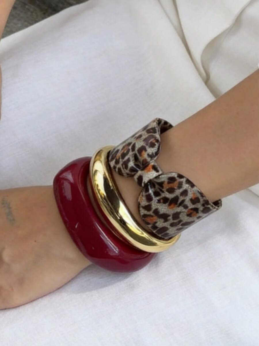 Autumn/Winter Leopard Print Bow Bangle, Y2K Style Asymmetrical Geometric Resin Layered Bracelet, Fashion Daily Party Gift - Multicolor - View 1