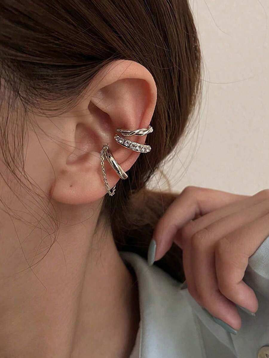 Bộ 3 khuyên tai kẹp cá nhân hóa kiểu cổ điển, sang trọng, tối giản dành cho nữ không cần xỏ lỗ tai, phụ kiện ngày Valentine. - Bạc - Xem 1