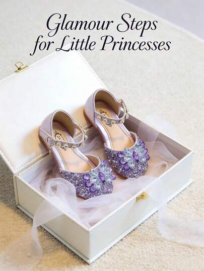 1 Pair Fashionable Children's Rhinestone Purple Princess Sandals, Girls' Glitter Crystal Decorated Soft Sole Closed Toe Sandals With Hook And Loop Adjustable Design, Suitable For Girls' Banquet, Performance, Party, Birthday, Dress Matching, Stage Show, Birthday Gift And More Occasions