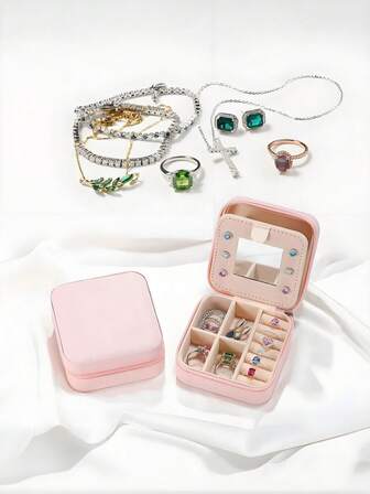 1 pezzo Scatola portagioielli da viaggio, piccola scatola portagioielli in pelle sintetica con specchio, organizer per gioielli da donna, scatola portagioielli compatta per orecchini, collane, anelli, elementi essenziali da viaggio, regalo per damigelle, regalo per la festa della mamma, regalo di Pasqua