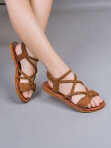 Casual Minimalist Children Open Toe Sandals, Lightweight & Comfortable Slip-On Girls Flat Sandals - Brown - View 3