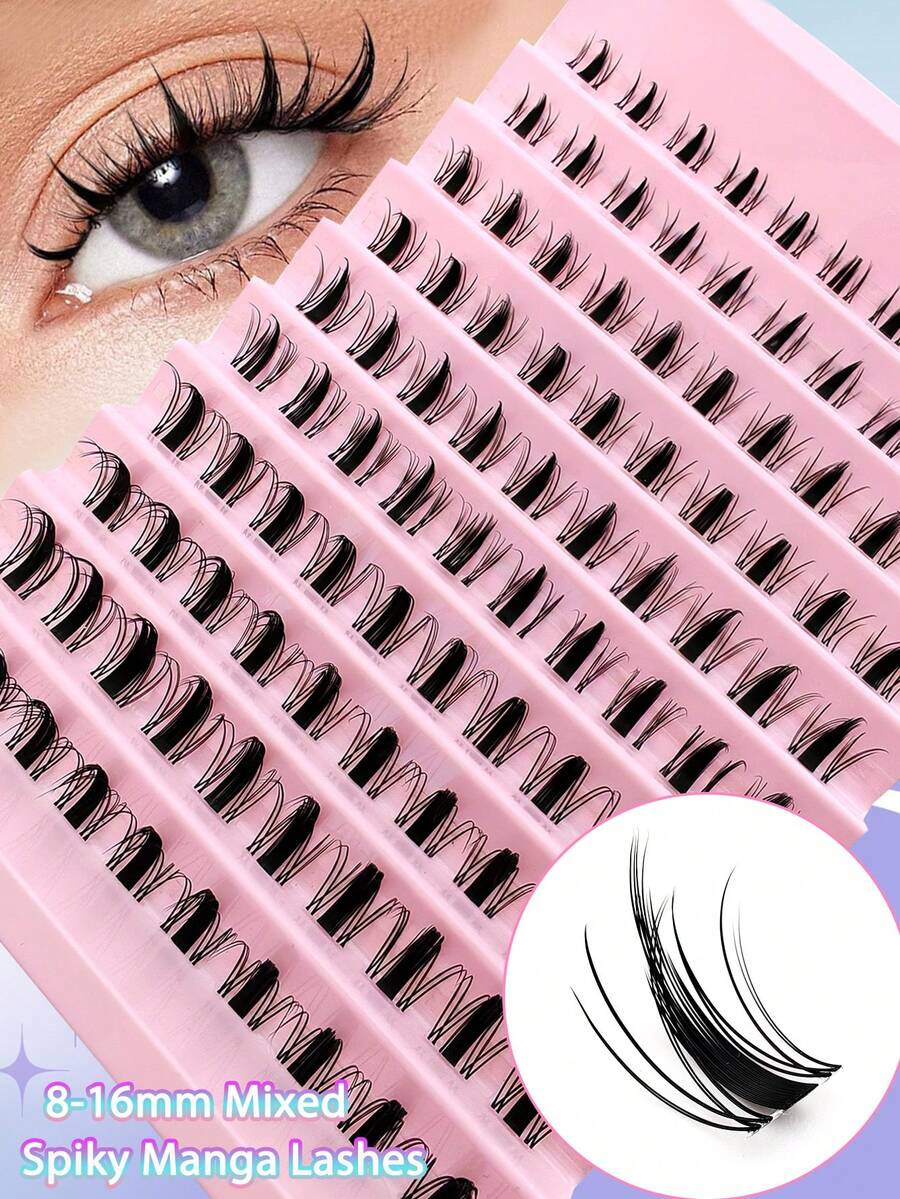 100pcs Cartoon Style False Eyelashes, D-Curl Flared, Fairy Lash Clusters, 8-16mm Mixed Cartoon Lash Clusters, Transparent Lash Stems, D-Curl, DIY Lash Extension, Natural Anime Lashes, Individual Lash Clusters, Ultra-Thin Invisible Lash Stems, Create Cartoon Lash Makeup Effect. - Black - View 1