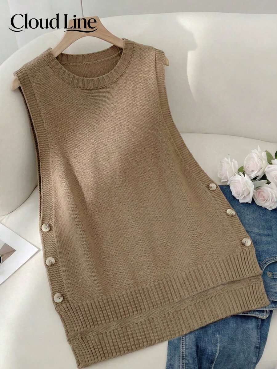 Chaleco sin mangas de punto talla grande para mujer, camiseta sin mangas suelta de longitud media con botones laterales para primavera