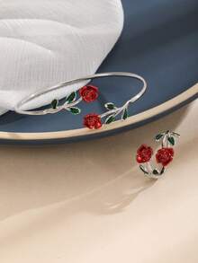 2pcs Delicate Rose Bracelet & Ring Set - Silver - View 3