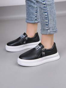 婴幼儿时尚平底鞋，简约新款拉链儿童低帮休闲鞋 - 黑色 - 查看 2