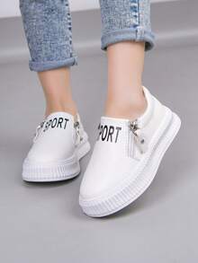 婴幼儿时尚平底鞋，简约新款拉链儿童低帮休闲鞋 - 白色 - 查看 1