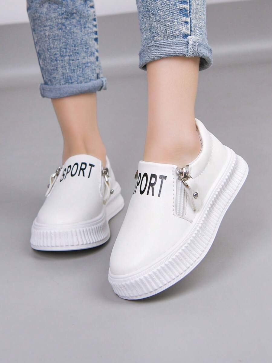 婴幼儿时尚平底鞋，简约新款拉链儿童低帮休闲鞋 - 白色 - 查看 1