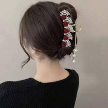 1pc Chinese Style Red Rose Rhinestone Tassel Hair Clip, Elegant Hair Claw Hairpin For Women, Suitable For Daily Wear, Party, Wedding, Banquet, Bridal Qipao And Banquet Dress Women Claw Clips Fashion Hair Accessories Elegant Hair Clutch Casual Hair Jaw Clip Flower Hair Clip - Multicolor - View 1