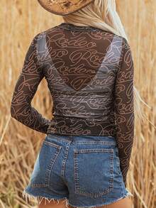 CILKOO Western Cowboy Print Turtleneck Long Sleeve Mesh Top, Spring - Black - View 5