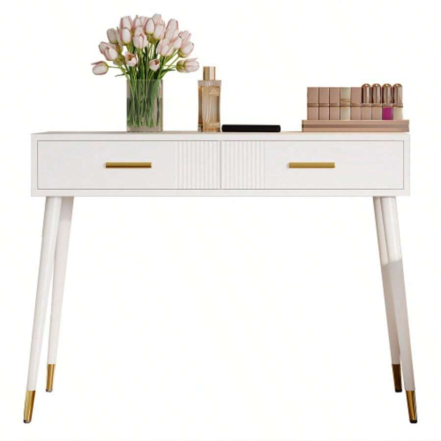 Dressing Table, Vanity Table, Desk With 2 Drawers, Metal Legs, White, Dimensions: H 76 Cm * W 100 Cm * D 40 Cm (Without Mirror) - White - View 1