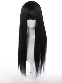 Straight Cosplay Wig With Bangs Black Long Anime Cosplay Synthetic Hair Suitable For Women's Daily Wear And Party , Made With Heat-Resistant Synthetic Fibers. - Black - View 4