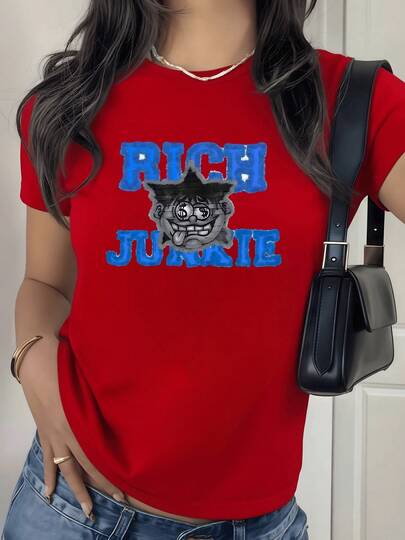 Camiseta de mujer con cuello redondo estilo urbano dise?o casual 100% algodón 220 gramos moda juvenil con estampado digital 1 unidad de gráficos creativos en tonos azul y negro