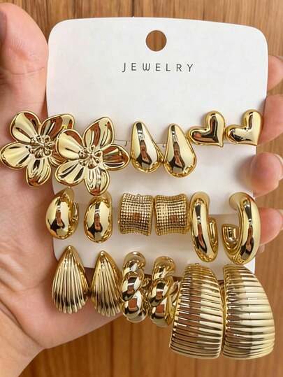 Juego de 6-18 pendientes de tono dorado, elegantes y de moda, adecuados para uso diario, fiestas y eventos