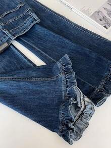 Retro Wood Ear Lace Trousers High Waist Straight Loose Slim Wide Leg  Autumn All-Match Denim Trousers For Women - Màu xanh lam - Xem 2
