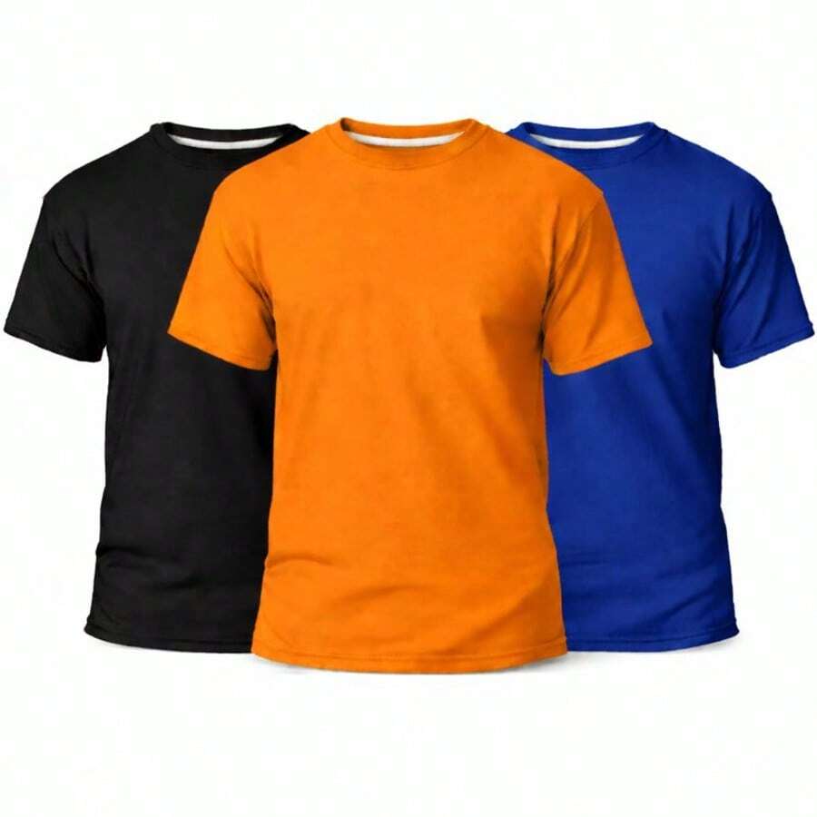 Set Of 3 Men's Basic Plain T-Shirts, 100% Cotton, 30.1 Mm - Black/Orange/Royal Blue - View 1