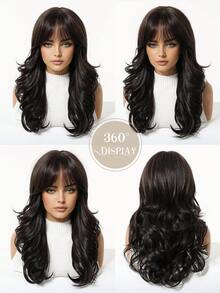 20-Inch Medium Length Black Wig, Women's Curly With Bangs, Made Of Heat-Resistant Synthetic Fiber, Perfect For New Year And Everyday Parties - 黑色 - 查看 3