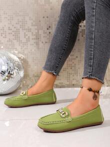 2025Women's Spring New ArrivalTrendsGold Chain Elegant Slip-On Loafers,Lightweight, Comfortable, VersatileRubber Flat Shoes - Green - View 10