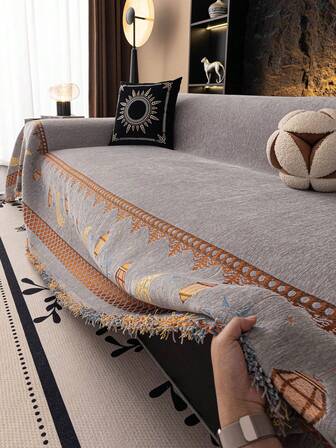 1 st. chenillefilt för soffan, stjärn- och månemönster sofföverdrag, bohemisk stil, husdjurssäkert soffskydd, maskintvättbar heminredning lämplig för L-formad sektionssoffa, loveseat och soffa, juldekoration (säljs separat)