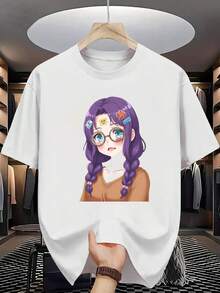 Camiseta de Algodón 100% para Hombre - Manga Corta, Cuello Redondo, Estampado Digital, Cómoda para Todas las Estaciones, Lavable a Máquina, Ideal para Salidas Diarias, Cuello Redondo, Diseño Circular, Camiseta Casual de Verano T-shirt Adorable digitally illustrated gray tabby cat holding spaghetti with two red egg slices in a colorful - Blanco - Ver 1