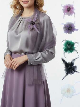 1 st. trendig broschnål med fjäder och organzablomma i mitten, lämplig för damklänningar och vardagskläder, perfekt present till vänner