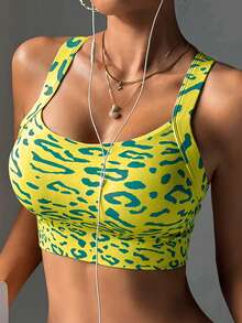 Women's Contrast Leopard Print Yoga Sports Bra, Sexy Sheer Breathable Moisture-Wicking Fabric - Yellow - View 4