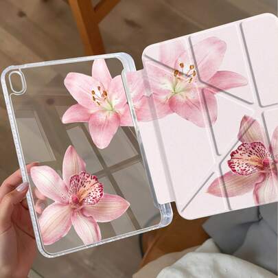 Kingsung Étui de protection pour tablette en acrylique cristal à motif floral rose, compatible avec les tablettes /Mini 6/7/9.7/10.2/10.5/10.9/12.9/Pro 11 (10e génération). Étui de protection prenant en charge plusieurs angles de réglage, 6 modes d'installation, fente intégrée pour stylet, couvercle arrière transparent, protection anti-chute, fonction de réveil/veille automatique. Cadeau d'anniversaire de printemps