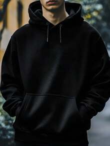 Autumn And Winter Hot Products Men's Hooded Sweatshirt - Pure Black Pullover, Simple Street Style With Front Pocket, Machine Washable Loose Sweatshirt, Suitable For Daily And Formal Occasions - From Casual To Formal - Unisex Design - Soft Fabric, Suitable For Outdoor Activities And Daily Use - Simple Drawstring Hooded Top - Multifunctional Pure Black Layered Hoodie, Men's Hoodie, Essential Hoodie Classic Versatile - 黑色 - 查看 6