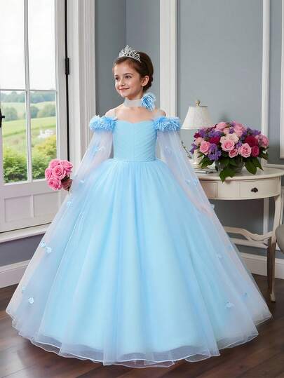 Vestido Longo de Tule Floral 3D Princesa para Meninas Pré-Adolescentes, Vestido de Gala Elegante e Luxuoso, Adequado para Baile Escolar, Baile de Formatura, Festa à Noite (Faixa de Cabeça Não Incluída)