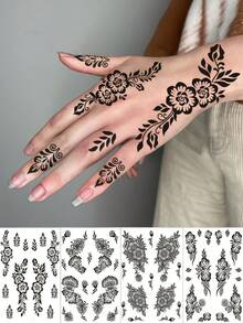 4 miếng hình xăm tạm thời hoa henna đen, mẫu vẽ móng tay, hình xăm hoa gợi cảm, hình xăm tay chống nước phù hợp cho nữ, trang trí Ramadan, quà tặng tiệc cưới ngày lễ, phong cách phác thảo - màu đen - Xem 9