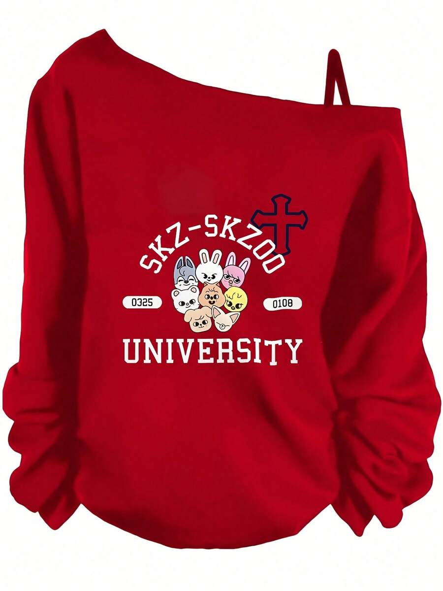 SKZOO Off - Shoulder Sweatshirt With Long Sleeves, Casual Gathered Cuffs, Front Graphic (SKZ - SKZOO Text, Cute Animal Characters, 0325 & 0109 Labels, UNIVERSITY Bold Print) - Fandom Fashion Sweatshirt For SKZ Fans - Hoodies For Women,Valentine Outfits For Women,Vacation Outfits Women,Valentine's Day - 紅色 - 查看 1