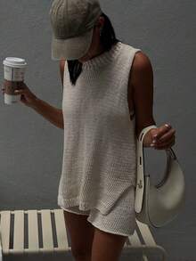 Senya Women's Crew Neck Ribbed Knit Tank Top And Shorts Casual Resort Knit Set Elegant And Relaxed In Style, Perfect For Daily Commuting, Festive Holidays, Beachside Outings, 2026 New Knit Two Pieces Set White Summer - White - View 4