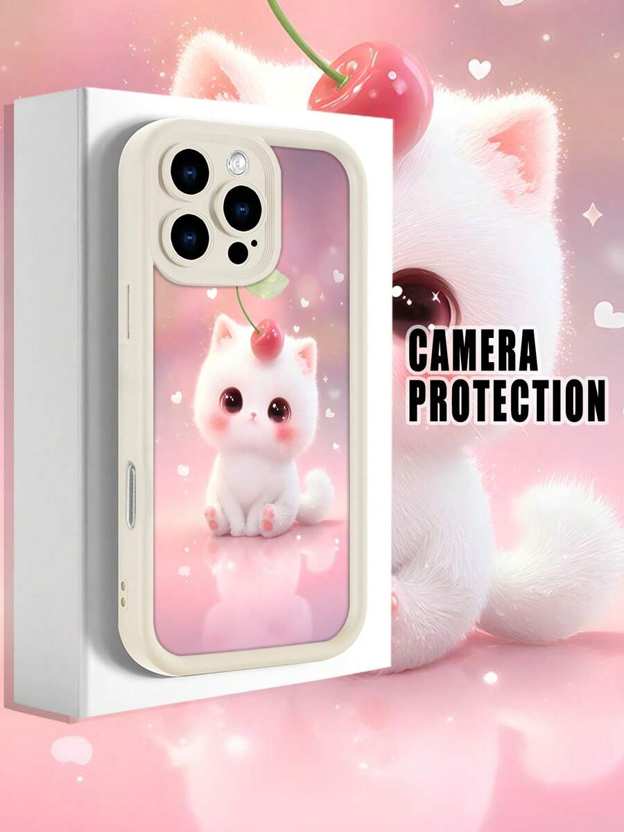 Funda de teléfono minimalista y gruesa a prueba de caídas, diseño con gato blanco y cereza en estilo dulce y romántico, look tierno y colorido, protección para cámara, ideal para mujeres, regalo perfecto para San Valentín, compatible con Apple 17/16/15/14/13/12/11/Pro/ProMax,compatible con Galaxy A34/A35/A54/A55,Galaxy S20/S21/S22/S23/S24/S25 Ultra/Plus,compatible con Moto/Galaxy/Redmi/Honor/OPPO Soft - Blanco - Ver 1