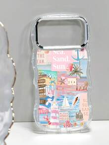 Summer Beach Collage Pattern, Fresh Vacation Style, Transparent Phone Case With Electroplated Ring, Phone Case For IPhone17 PRO MAX IPhone17 AIR /16/15/14/13/12/Pro Max/Pro/Plus, For Galaxy A54/A55/A56/A70/A71/A72/A73/A, Galaxy S26/S25/S24/S23/S22/S21. Wave-Shaped Design, Comfortable Grip, Everyday Reliable Protection. Great Gift Choice For Holidays, Perfect For Users Who Love Ocean Elements And Relaxed Vibes, Pastel Pink Tones With Sailboats, Lighthouses, And Beach Text, Creating A Romantic Island Feel And Summer Energy. - 無色 - 查看 4