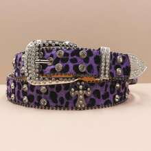 Punk Style Belt With Rhinestones, Leopard Print, And Cross Design; A Rock Fashion Belt For Men And Women. - 紫色 - 查看 1